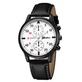 Detailopname van Geneva herenhorloge met witte wijzerplaat en zwart lederen band met stiksels - Zwart met witte wijzerplaat