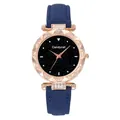 Detail of starry dial quartz watch with navy leather strap and crystal bezel - Blue