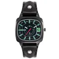 Orologio da uomo quadrato in pelle nera con indici verdi e rivetti in argento - Nero