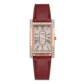 Detail of rose gold rectangular watch with rhinestones and Roman numerals on dial - Red
