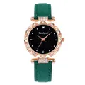 Detail of rose gold watch with sparkling starry sky dial and green frosted leather strap - Green