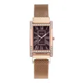 Detail of rose gold rectangular quartz watch with crystal bezel and mesh band - Brown