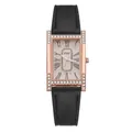 Detail of rectangular rose gold watch with rhinestones and black leather strap - Black