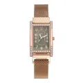 Close-up of rose gold mesh strap watch with rectangular rhinestone case and green dial - Green