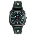 Dettaglio del cinturino in pelle verde scuro con rivetti e cassa orologio nero opaco - Verde