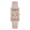 Macro detail of rose gold H-shaped case with crystals and pink suede strap watch - Pink