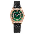 Women's rose gold watch with a green marble dial, crystal bezel and black leather strap - Black