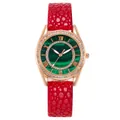Fashion women's watch with green malachite dial and red leather strap in rose gold casing - Red