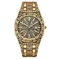 Orologio da uomo classico in oro con incisione floreale e quadrante nero calligrafico - Quadrante Dorato Cassa Dorata