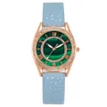 Elegant ladies watch with green malachite dial and light blue textured leather strap - Sky Blue