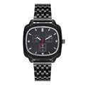 Macro view of square black steel watch face with rhinestone markers and red second hand - Black Rhinestone Markers