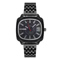 Macro detail of square black quartz watch with green luminous markers and red second hand - Black Green Markers