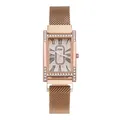 Elegant rose gold square quartz watch for women with diamond-set H-shaped case and mesh band - Rose Gold
