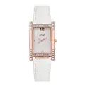 Close-up of square rose gold case with crystal H-shape and white leather strap - White