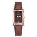 Detail of square rose gold watch case with crystal inlay and brown leather strap - Brown