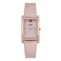 Macro detail of rectangle rose gold watch case featuring crystal pavé setting and pink dial - Light Pink