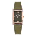 Close-up of olive green dial with rose gold case and rhinestones on square watch - Light Green