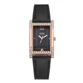 Detail of square rose gold watch with rhinestone bezel and black leather strap textures - Black