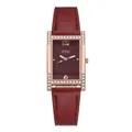Close-up of wine red square dial with rose gold diamond bezel and leather strap watch - Red