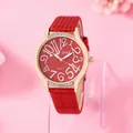 Rood lederen quartz horloge dames met diamanten lunette en goudkleurige wijzerplaat met witte cijfers - Rood
