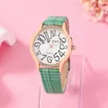 Montre quartz femme élégante avec bracelet cuir vert et boîtier strass or rose - Vert