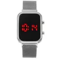 Silberne quadratische LED-Digitaluhr mit Magnet-Netzarmband und roter Anzeige - Silber