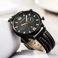 Men's fashion black quartz watch with leather strap and date display on large dial - Black Band Black Case Gold Dial