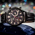 Macro shot of business watch face with calendar display and leather strap details - Black Case Rose Gold Text