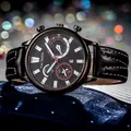 Detail of chronograph men's business watch with black leather strap and calendar dial - Black Case Silver Text