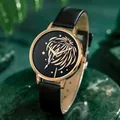 Fashionable minimalist women watch with black dial and rose gold case on leather strap - Black