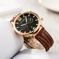 Orologio al quarzo da uomo con cinturino in pelle marrone e doppio quadrante calendario - Cinturino Marrone Cassa Oro Rosa