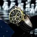 Men's business quartz watch with black honeycomb dial and leather strap on chessboard - Gold Case Gold Hands