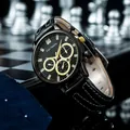 Close-up of Fan TeeDa men's business watch with black honeycomb dial and leather strap - Black Case Gold Hands