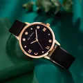Elegant roségouden dameshorloge met sterrenhemel wijzerplaat en zwarte leren band - Zwart