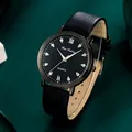 Elegant quartz horloge met zwarte wijzerplaat, Romeinse cijfers en lederen band - Zwart