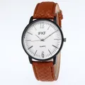 Macro shot of business quartz watch with brown woven leather strap and white striped dial - Brown Strap White Dial