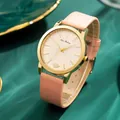 Macro detail of quartz watch with white sunray dial and pink leather strap - Pink