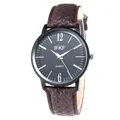 Macro shot of quartz watch with black dial and brown woven texture leather strap - Coffee Strap Black Face