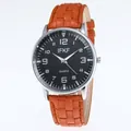 Men's fashion quartz watch with orange leather strap and black textured dial display - Brown Strap Black Dial
