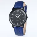 Business quartz watch with black dial, blue leather strap, and silver Arabic numerals - Blue Strap Black Dial