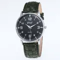 Classic men's quartz watch with black dial, silver case and green crocodile leather strap - Green Strap Black Face
