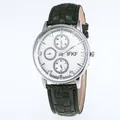 Macro detail of dark green crocodile leather strap and polished silver watch case - Green Strap White Face