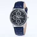 Men's fashion business watch with blue leather strap and black triple-eye dial display - Blue Strap Black Dial