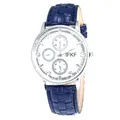 Detail view of business quartz watch with blue leather strap and three-dial silver case - Blue Strap White Dial