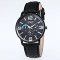 Detail view of the black leather textured strap and multi-dial quartz watch for men - Black Strap Black Dial