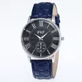Classic men's quartz watch with dark blue textured leather strap and roman numeral dial - Blue Strap Black Dial