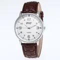 Classic men's quartz watch with a brown leather strap and a silver round case on white background - Coffee Strap White Face