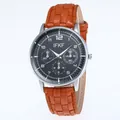 Close-up of brown textured leather strap and silver case of a men's business quartz watch - Brown Strap Black Dial