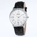 Macro view of white quartz watch dial with black numerals and textured black leather strap - Black Strap White Dial