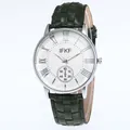 Classic men's business quartz watch with white Roman dial and green leather strap - Green Strap White Face
